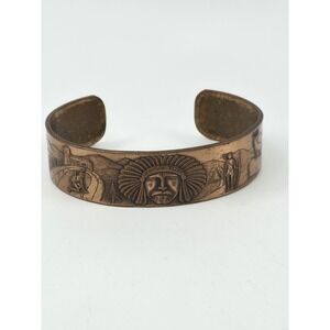 Vtg Mohawk Trail Storyteller Solid Copper Cuff Bracelet Native American Scenes